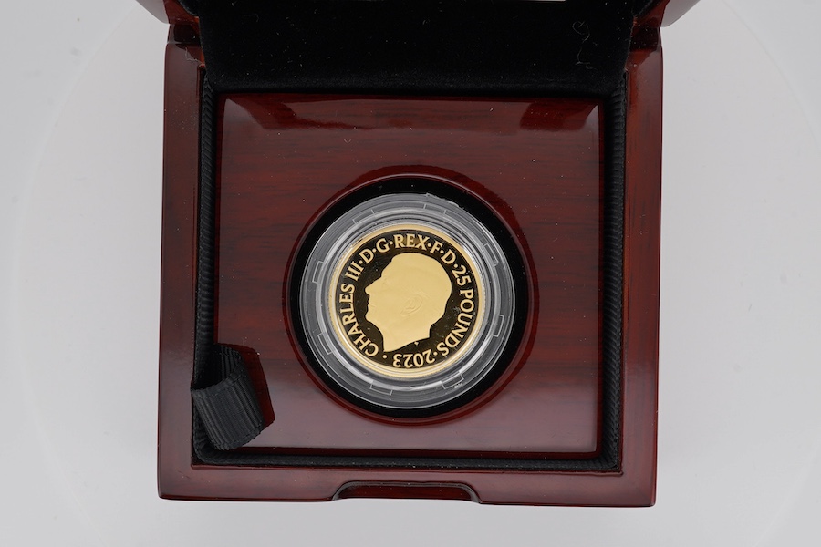 British gold coins, Charles III, Royal Mint 2023 1/4oz gold proof coin, in case of issue with certificate